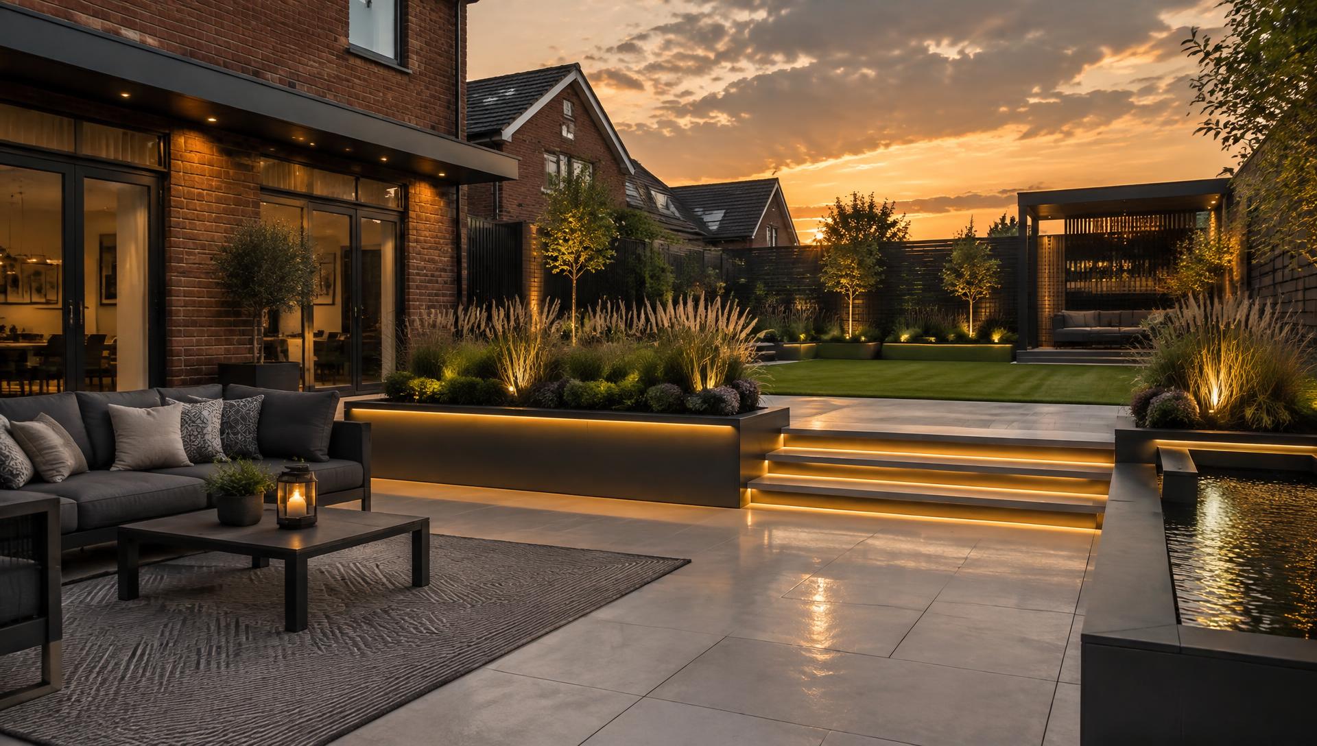 Modern lit garden with porcelain patio in Middlesbrough